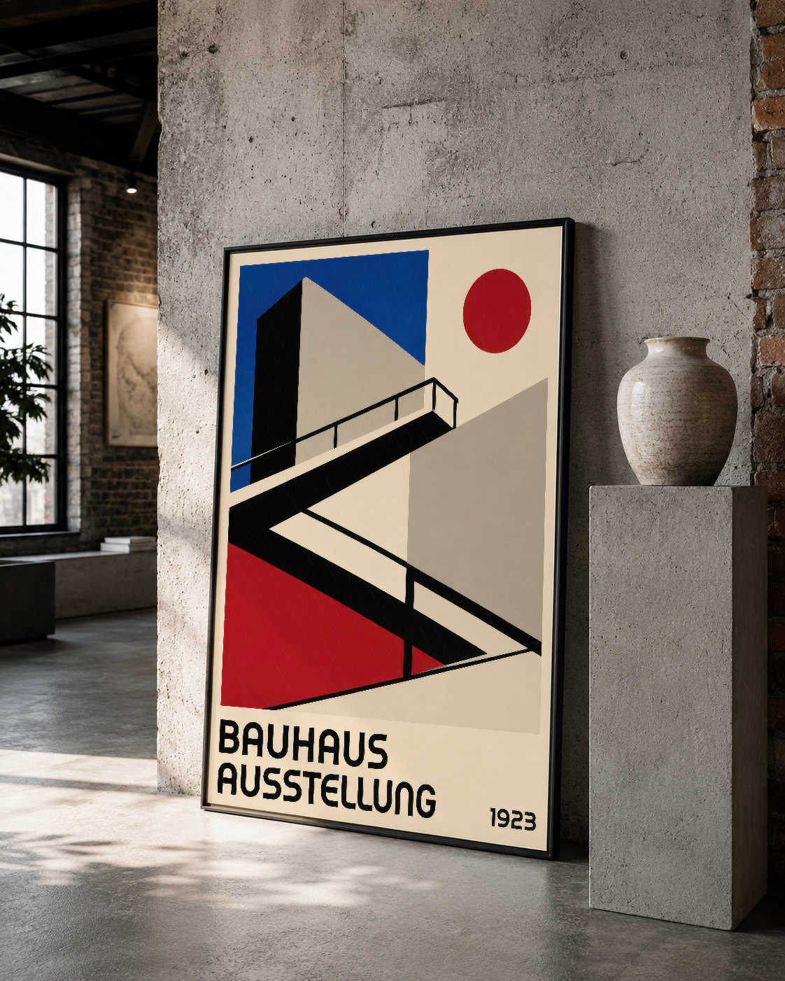Soyut Bauhaus sanat tablosu, siyah çerçeveli, beton duvar ve seramik vasoya karşı konumlandırılmış.
