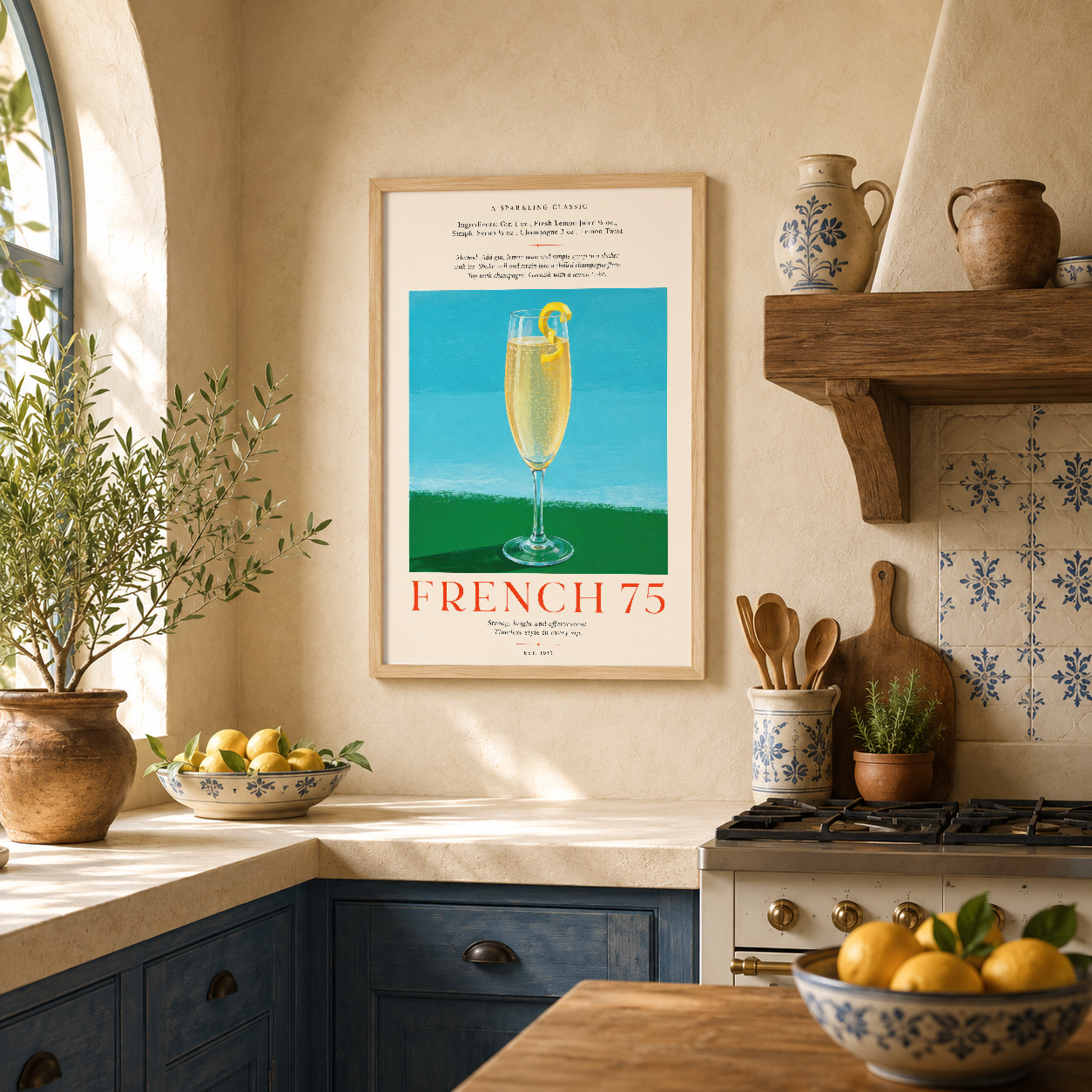 French 75 retro tasarım duvar tablosu, seramik tepsiler ve bitki dekorasyonlu rustik mutfak ortamında ahşap çerçevede yer