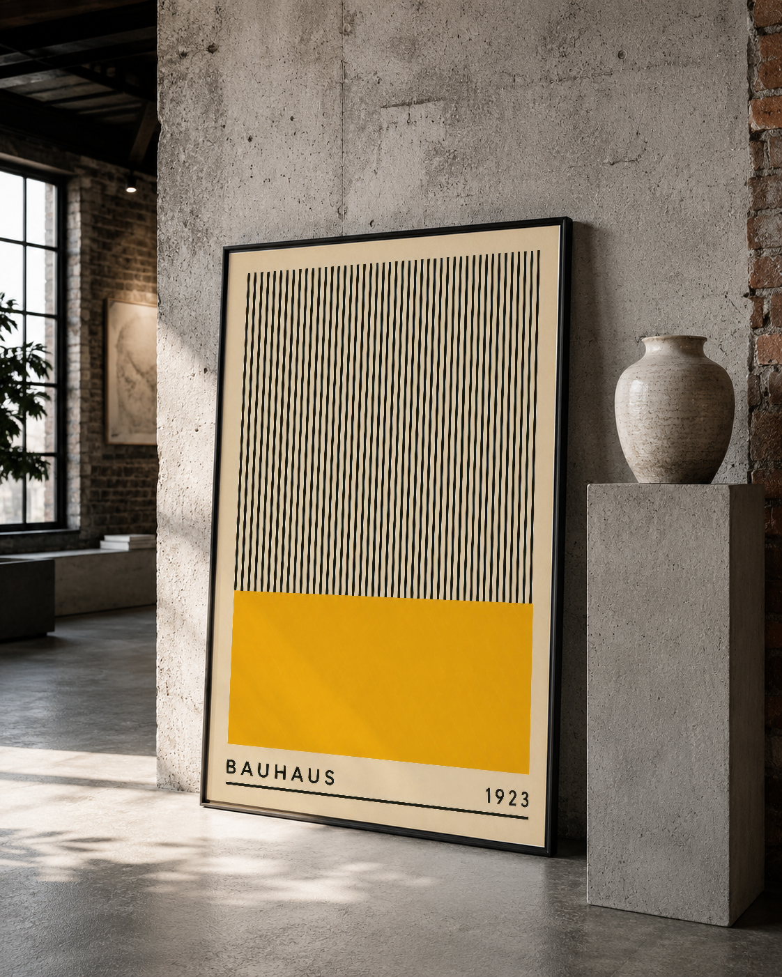 Sarı ve siyah çizgili Bauhaus tablosu, sade oda dekorasyonunda sanat ve işlevselliği birleştiriyor.