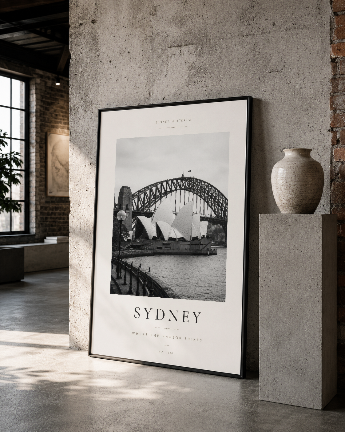 Sydney Köprüsü siyah çerçeveli poster, beton duvar üzerinde, modern minimalist iç tasarım.