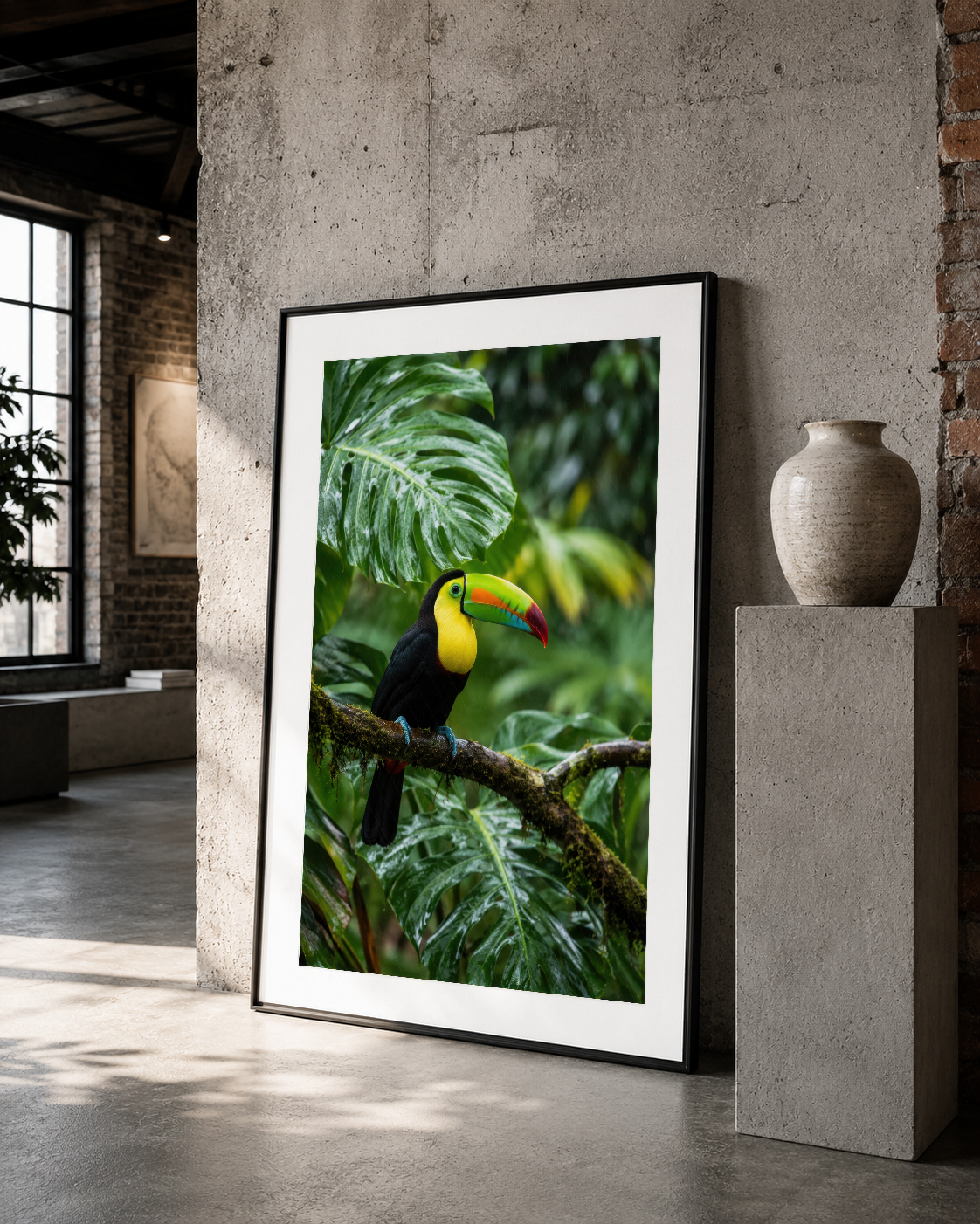 Siyah çerçeveli canlı tukan sanat eseri, loft stilinde seramik vazonun yanında sergileniyor.