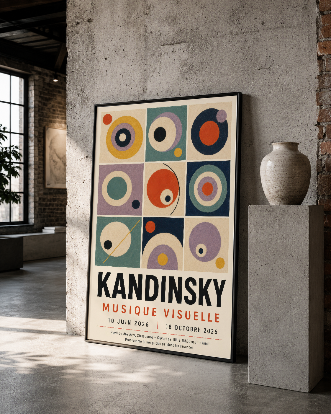 Musique Visuelle Kandinsky tablosu, siyah çerçeveli versiyonu ile loft tarzı mekan dekorasyonunda kültürel bir vurgu yapıyor.