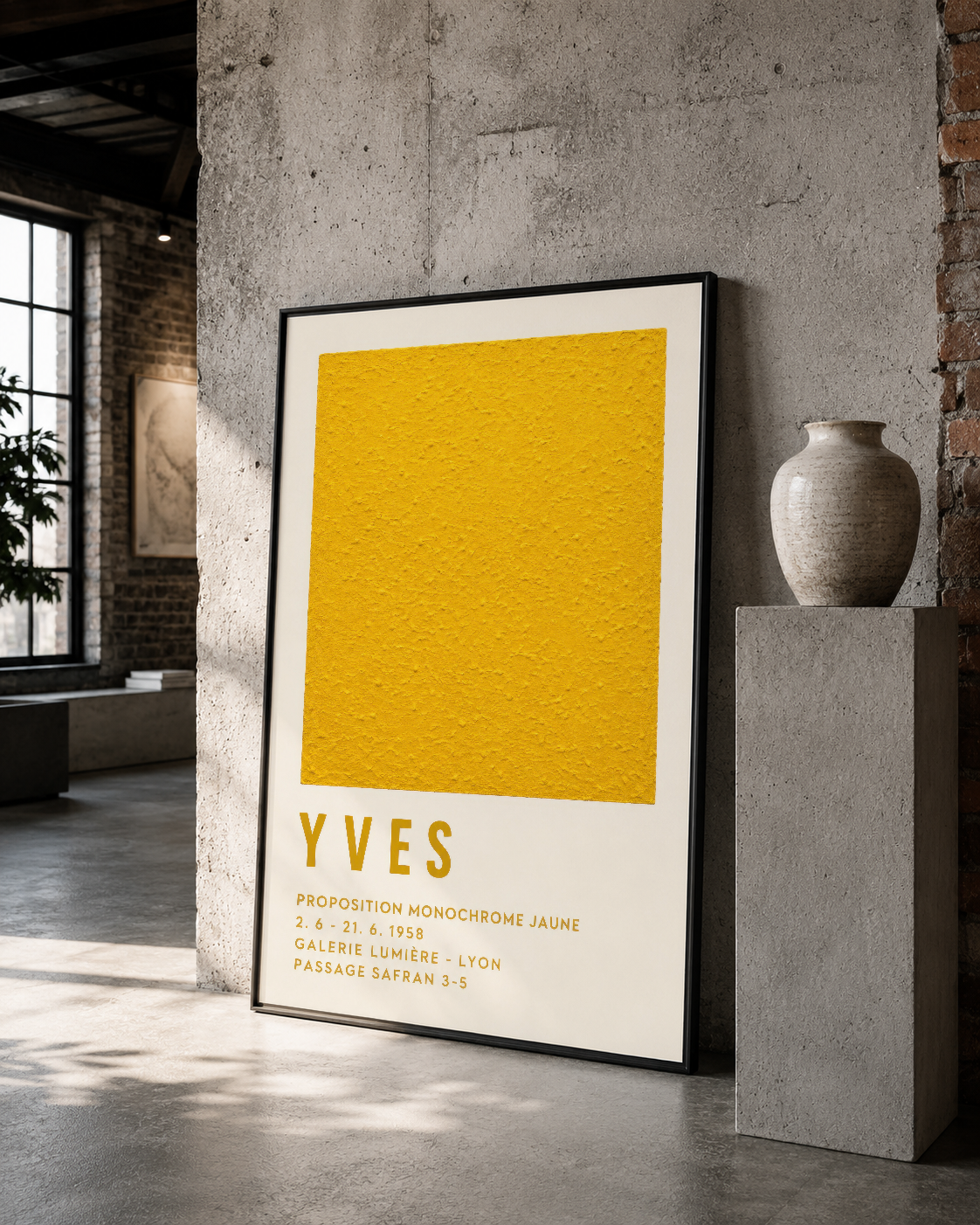 Siyah çerçeveli poster, vintage sanat sergisi atmosferi yaratarak beton duvar ve beige vazoya temas ediyor.