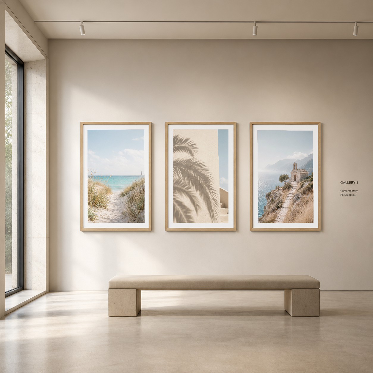 Doğal ahşap çerçeveli üç parçalı tablo seti, galeriye benzer aydınlık iç mekanda sergilenen sahil ve palmiye motifleri.