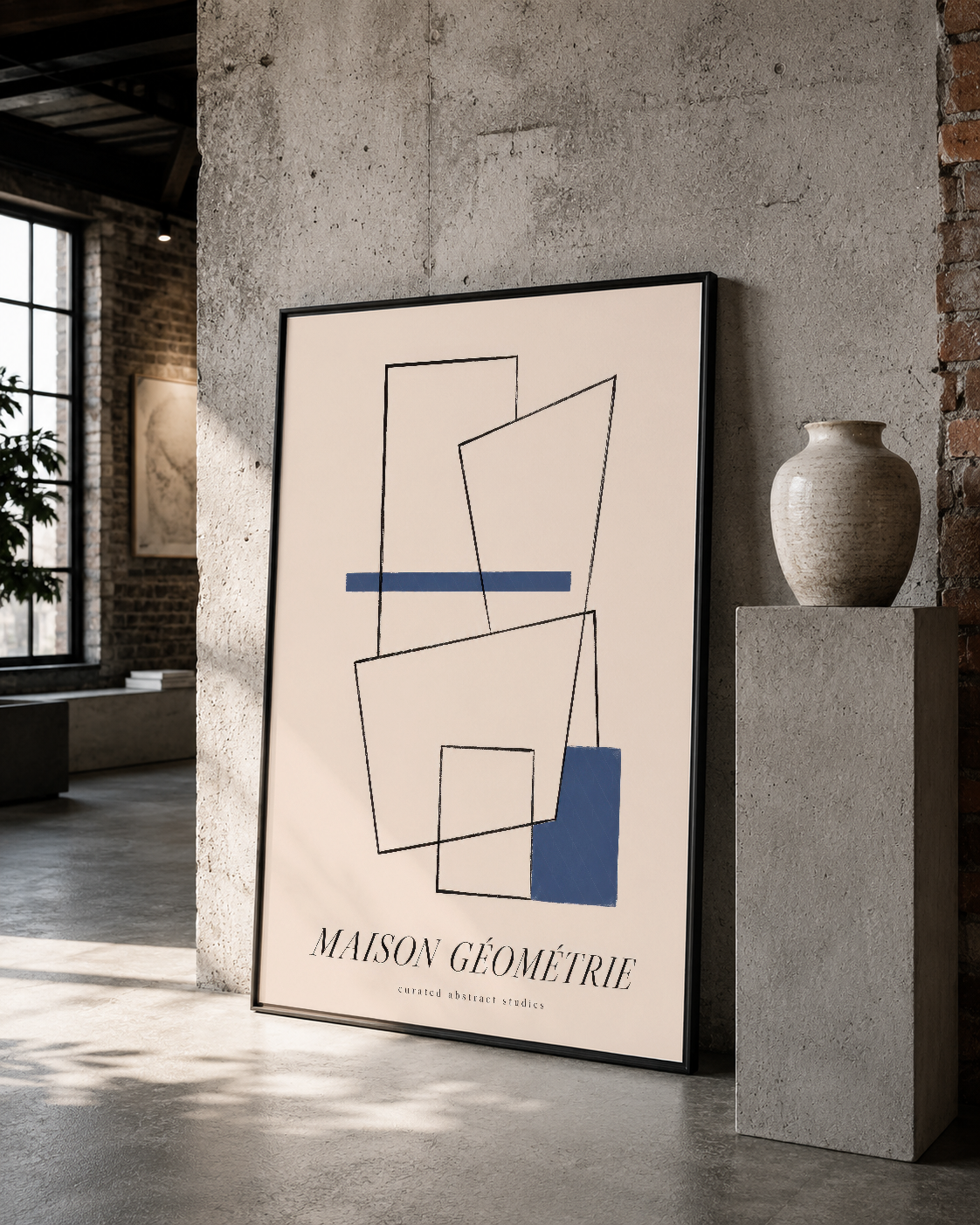 Soyut çizgiler ve mavi aksentli Maison Géométrie poster, siyah çerçevesiyle loft stilindeki duvar dekorasyonu.