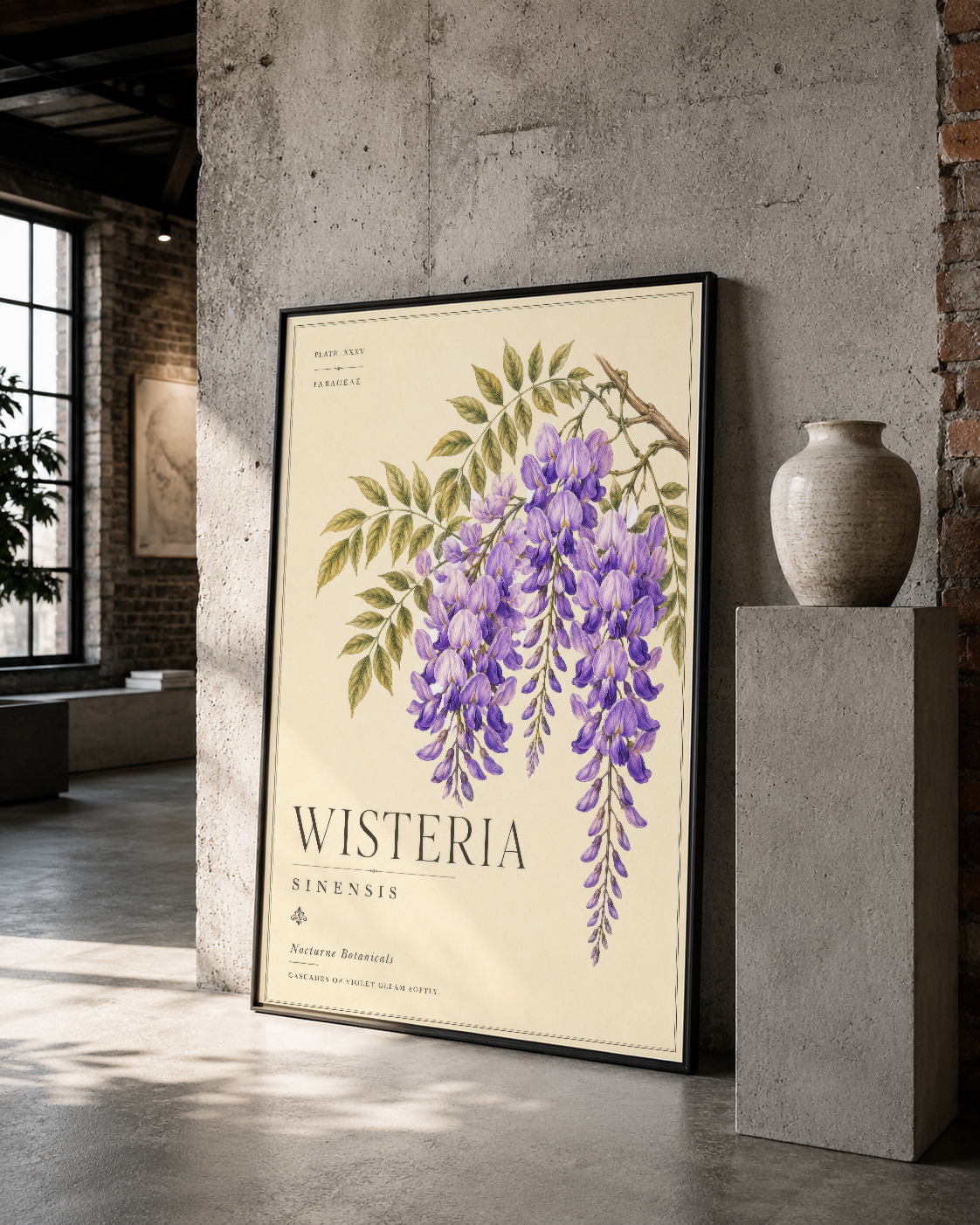 Siyah çerçeveli wisteria posteri, pastel botanik tasarımıyla loft stilindeki gri beton ortamında etkileyici sergileme.