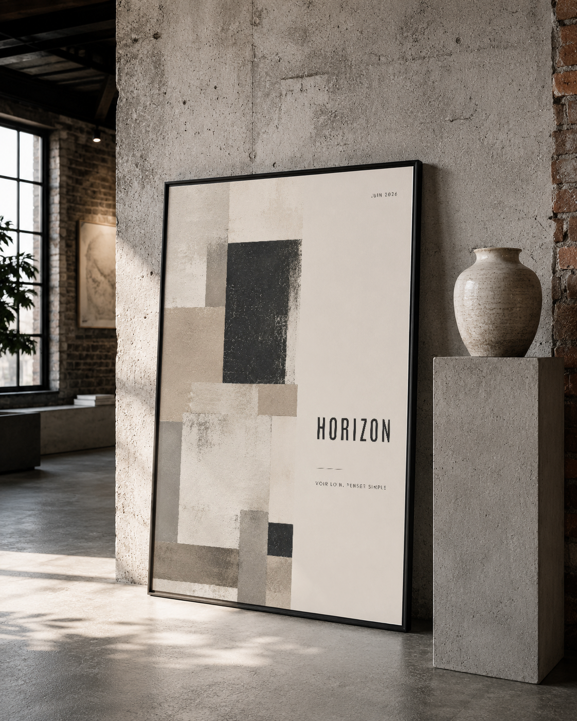 Siyah çerçeveli Horizon posteri, ham beton duvarın yanında ayakta duran modern dekoratif tablo.