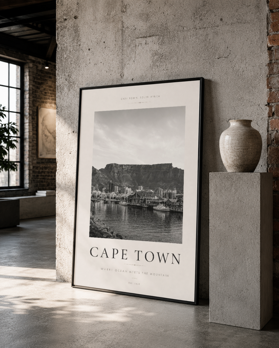 Siyah çerçeveli Cape Town şehir manzarası posteri, modern bir mekanda dekoratif objelerle sergilenmiş.