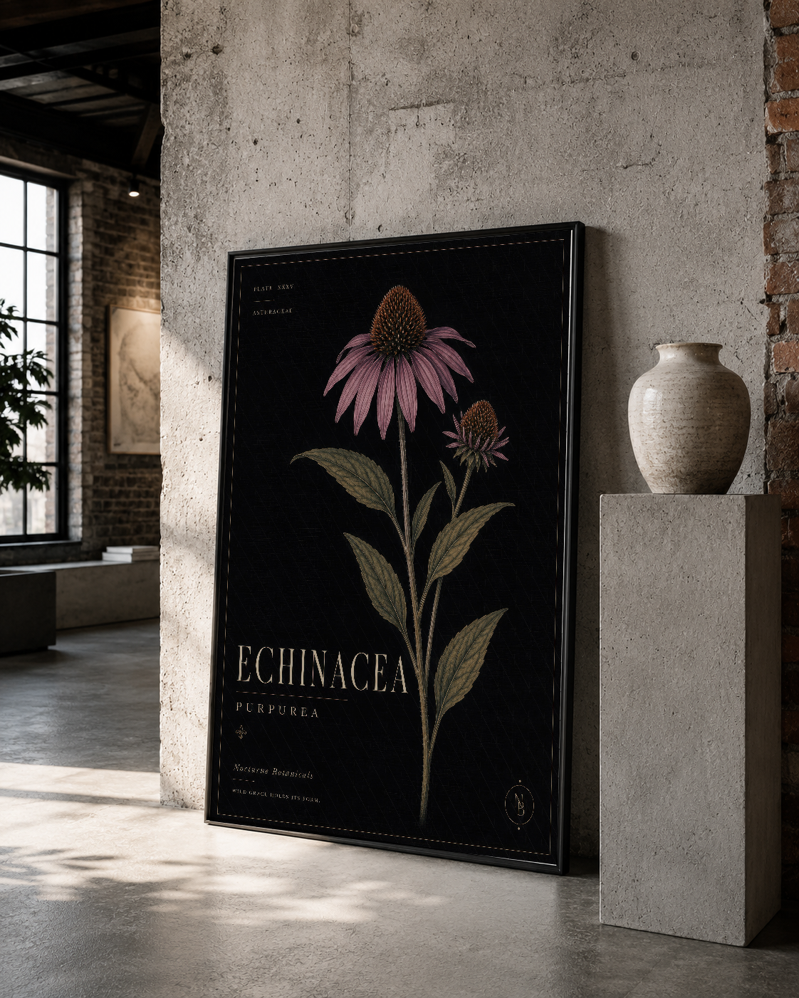 Siyah çerçeveli botanik poster, echinacea motifleriyle, minimalist galeri ortamında sergili.