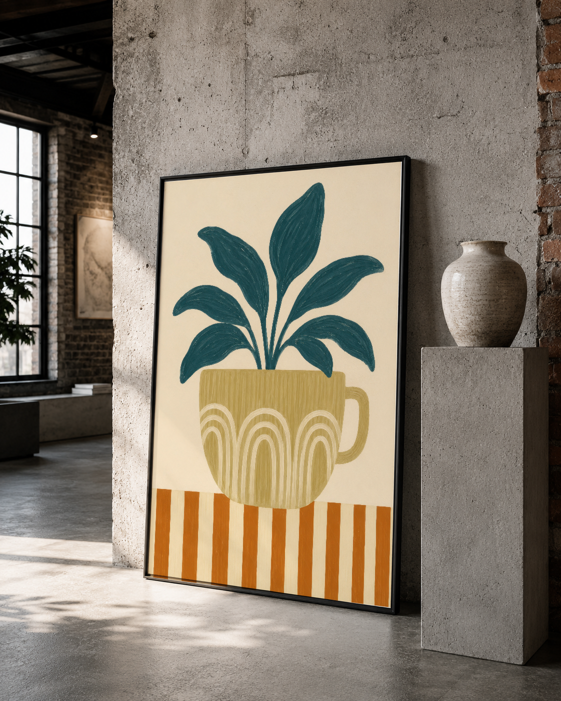 Vintage modernist estetik sunan, krem fonlu bitki motifi ile sarı-turuncu çizgili dekoratif duvar tablosu siyah çerçeve.