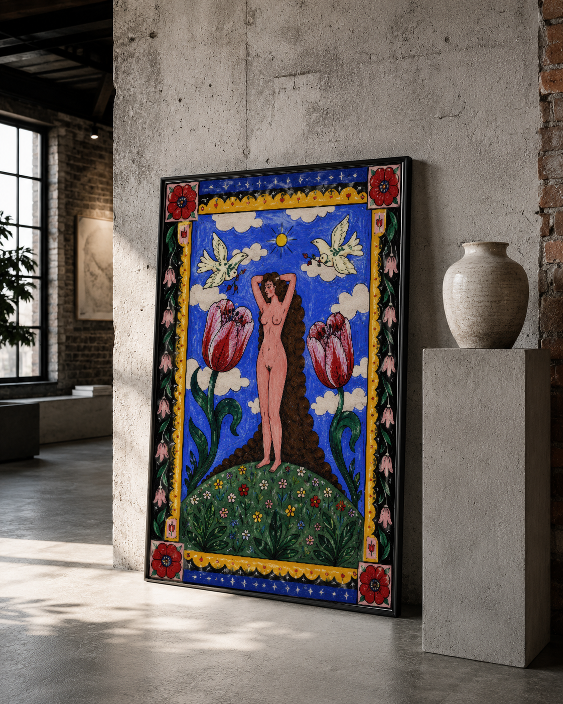Siyah çerçeveli sanat tablosu, desen detayı ile dönemsel stilizasyon ve canlı renkli kültürel estetik.