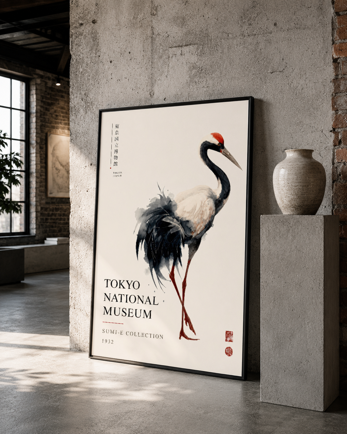 Tokyo National Museum baskısı turna görselli poster, çağdaş iç mekanda sanatsal atmosfer yaratır.