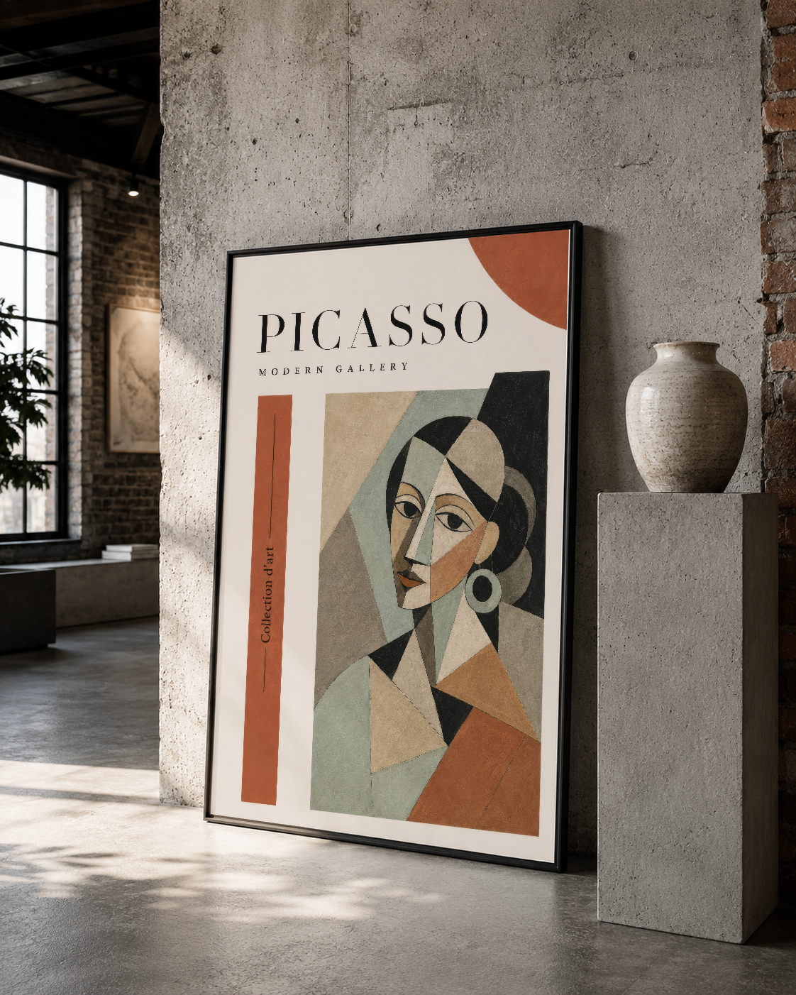 Picasso Modern Gallery posteri, kubiküst portre sanatı siyah çerçevede, ince beton duvarla sergilenen galeri stil tablo.