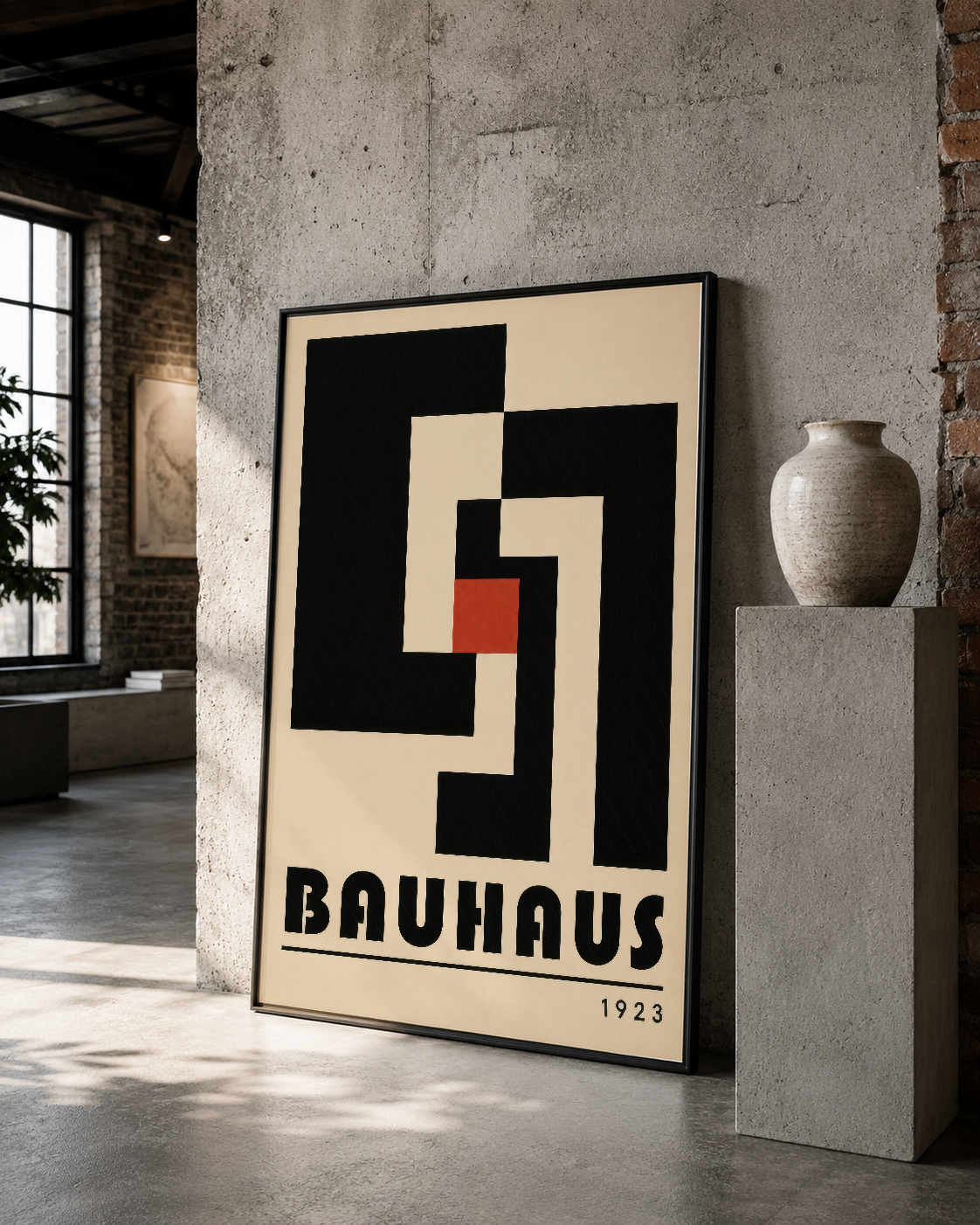 Bauhaus 1923 poster, siyah çerçeveli, beton duvar arka planında, cesur geometrik komposisyon.