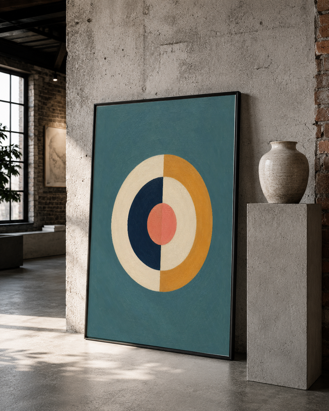Vintage tasarımlı geometrik daire deseni, koyu çerçeveli sanat tablosu, beton duvarla tamamlanmış iç mekanda.
