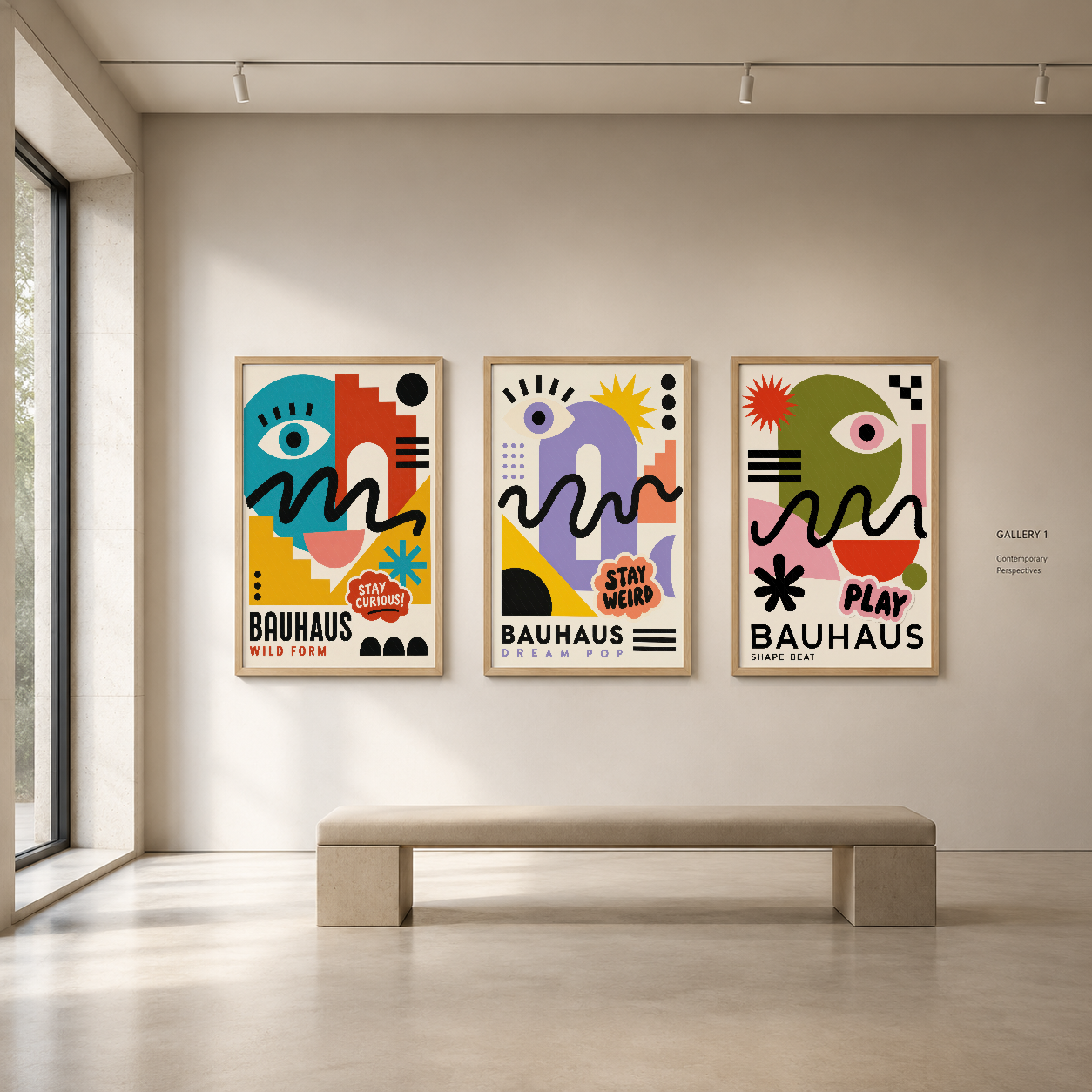 Çerçeveli Bauhaus tablo serisi, soyut tasarım ve kühne renklerle galeri duvarına profesyonel sanat eseri katıyor.