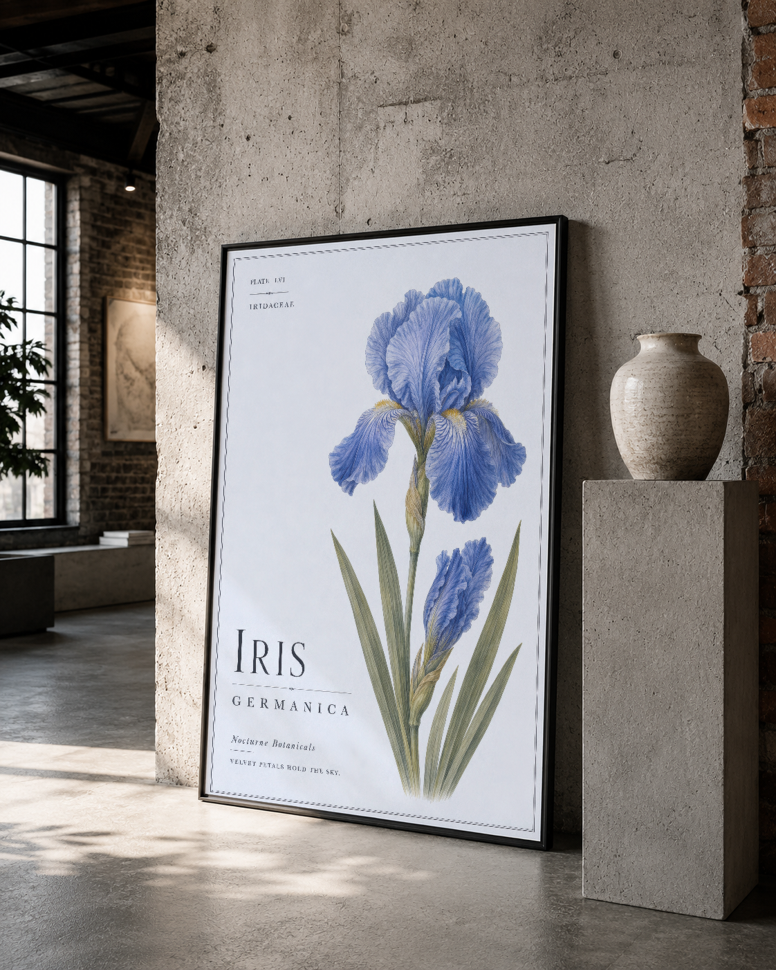 Mavi iris botanik posteri siyah çerçevede, arttırılmış duvar ve seramik dekorasyon ile.