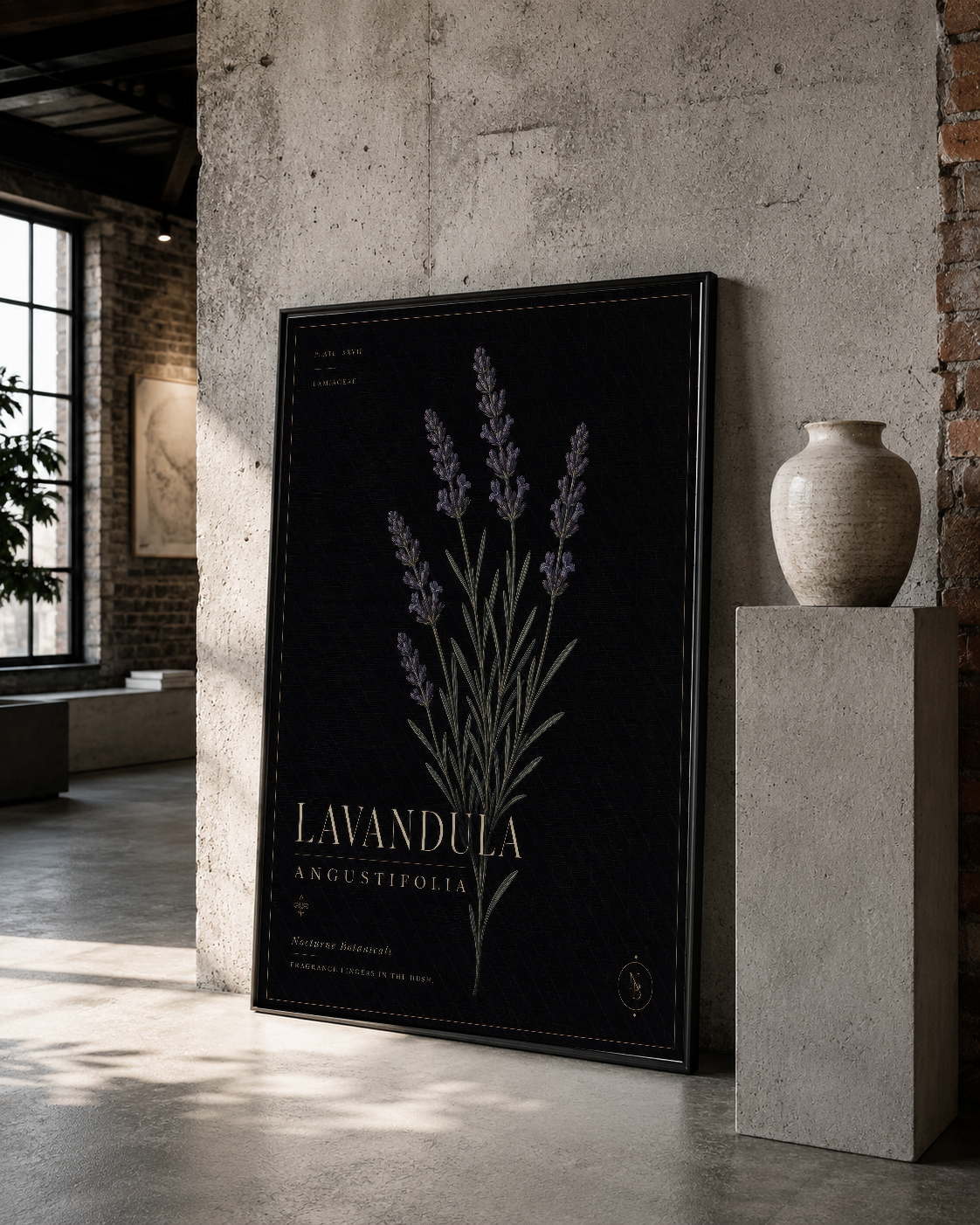 Siyah çerçeveli lavanda botanik tablosu, beton duvarda sanat ve doğanın buluşması, lüks tasarım.