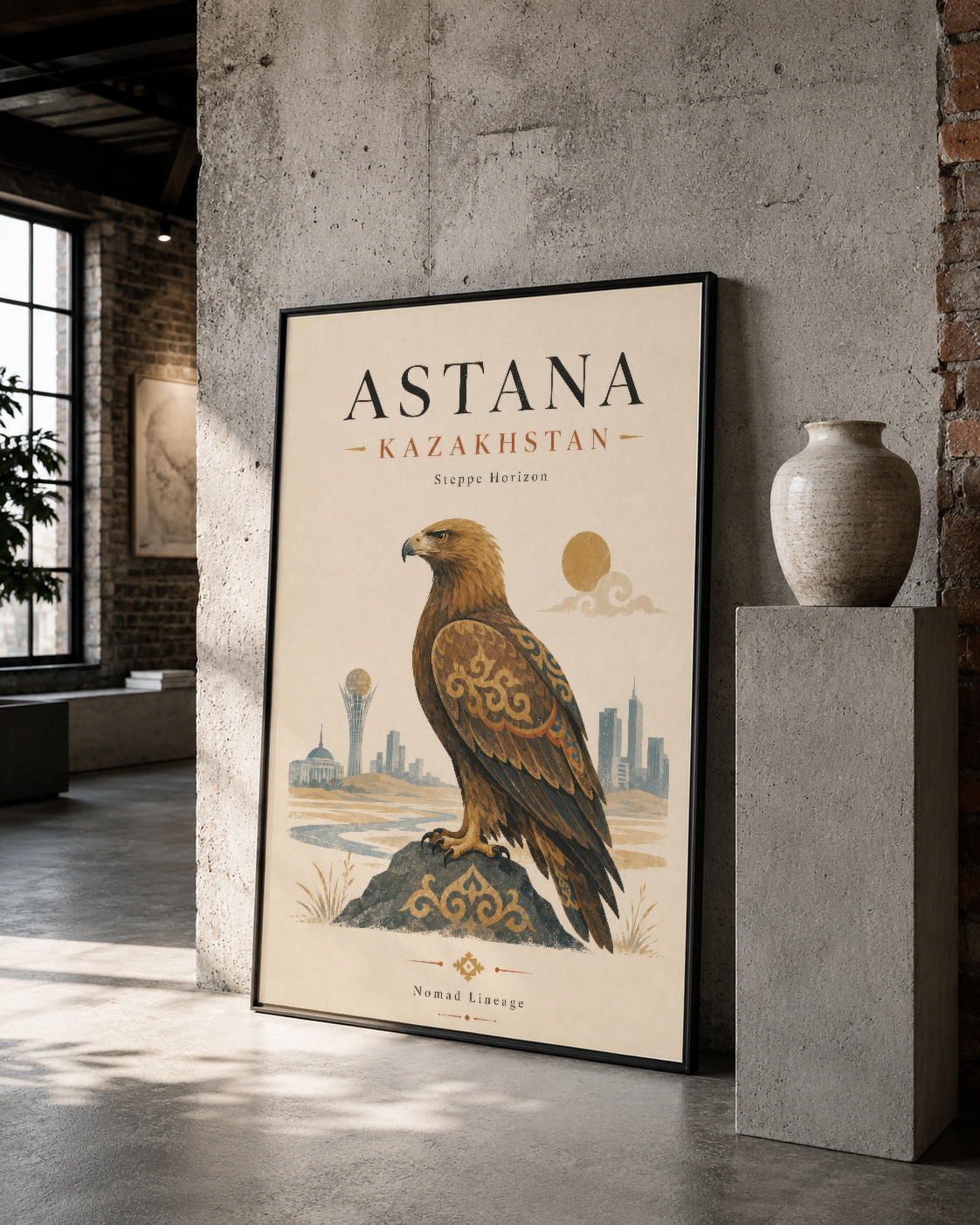 Siyah çerçeveli Astana posteri, İslamî desenleri ve şehir mimarisini gösteren sanat eseri minimalist dekorda yer alıyor.