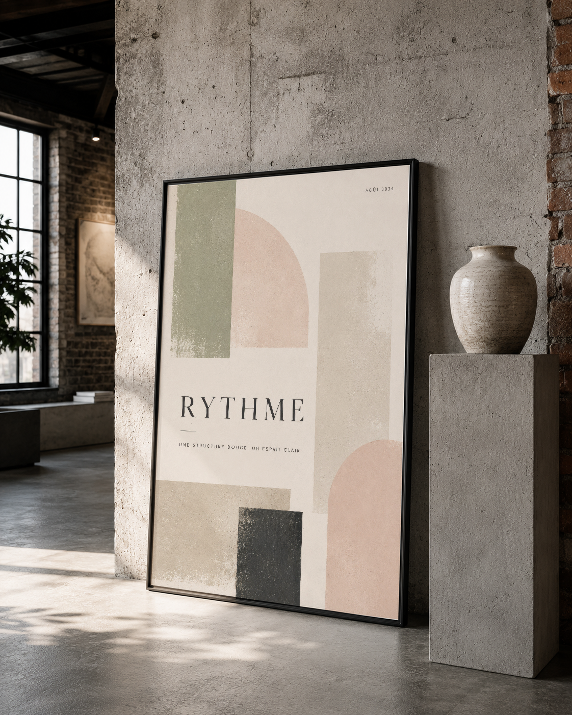 Rythme posteri, siyah çerçevede beton duvarın karşısında, minimalist dekor tamamlayan bir sanat eseri.