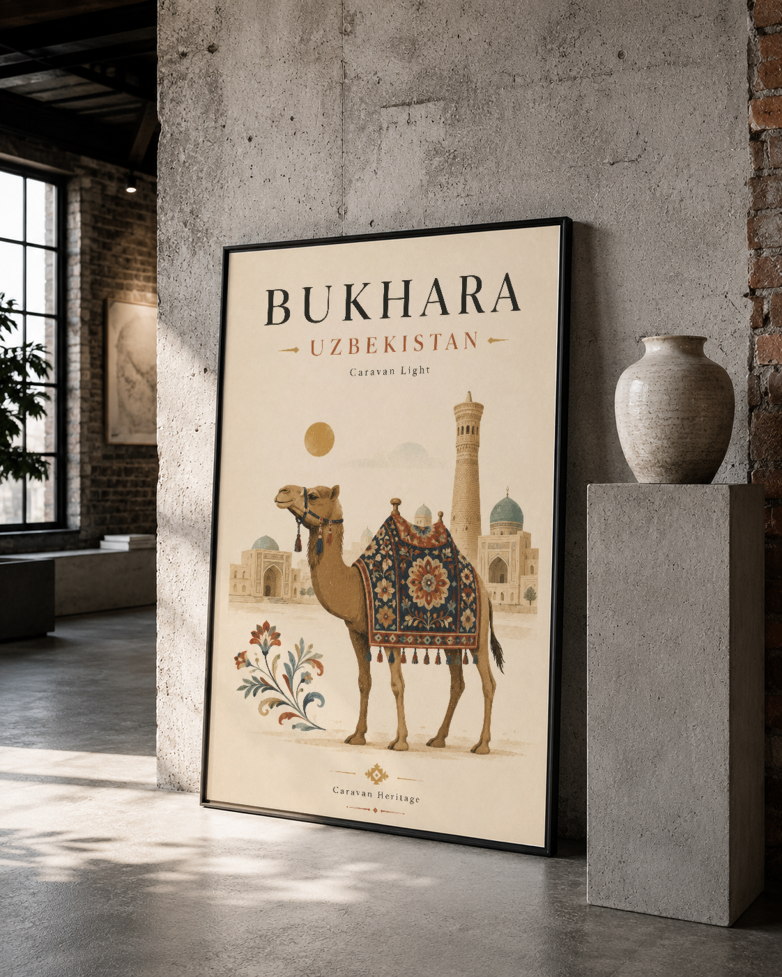 Bukhara Özbekistan duvar tablosu, siyah çerçevede deve ve Orta Asya mimarisiyle modern dekorasyonu zenginleştiriyor.