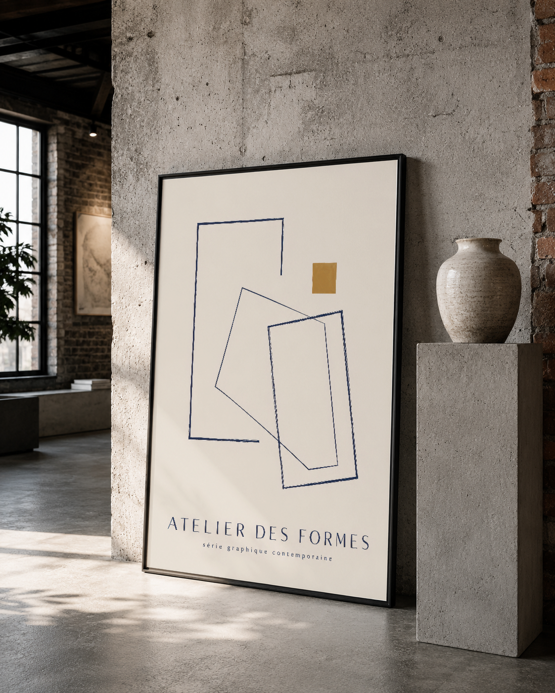 Siyah çerçeveli minimalist poster, geometrik formlar ve sıcak tonlarla loft tasarımında.