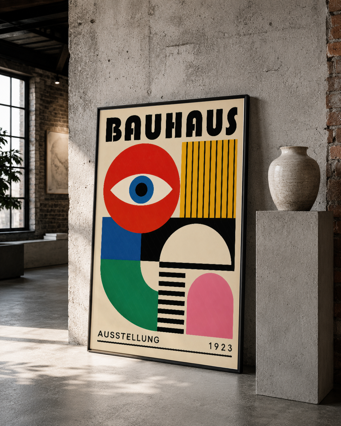 Bauhaus Ausstellung 1923 posteri, beton duvarla çagdaş sanat galerisinde sergilenen.