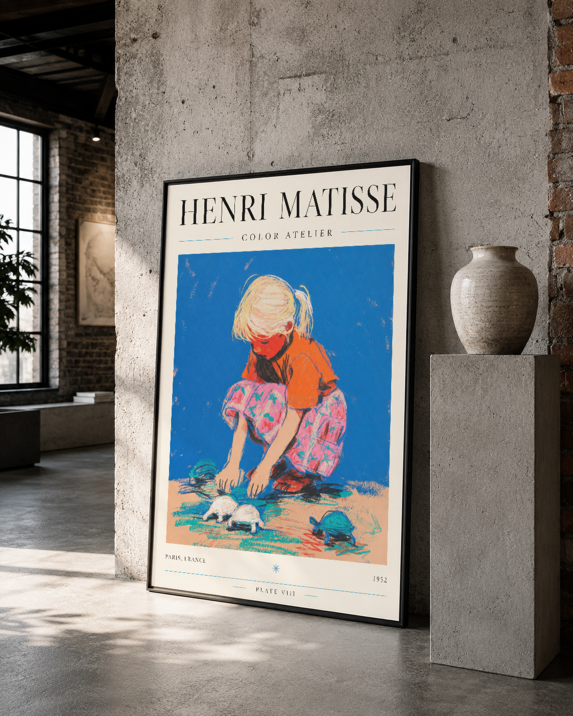 Henri Matisse klasik poster, siyah çerçeveli, endüstriyel mekanda, sanat eseri odaklı sunum.