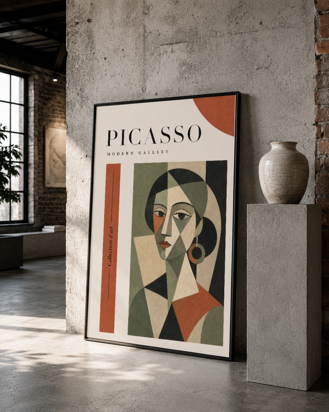 Picasso Modern Gallery tablosu, kübist stil yüz portesi, siyah çerçeveli duvar sanatı, turuncu yeşil ve bej tonları,