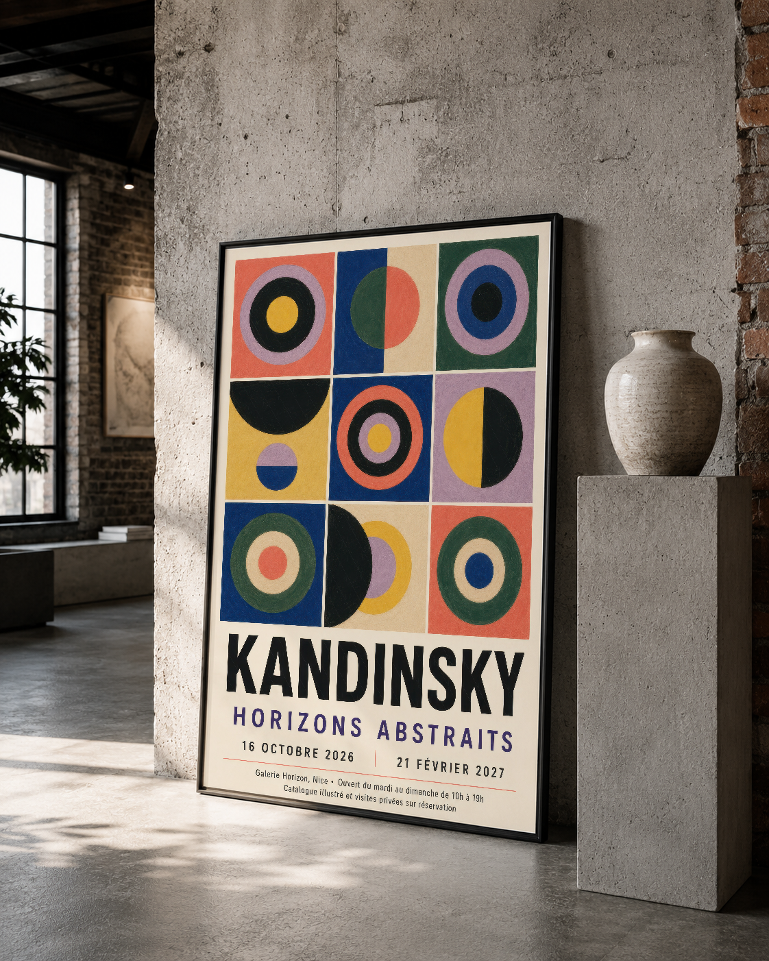 Kandinsky soyut poster, endüstriyel mekanda çok renkli daire şekillerin şaşırtıcı kombinasyonu.