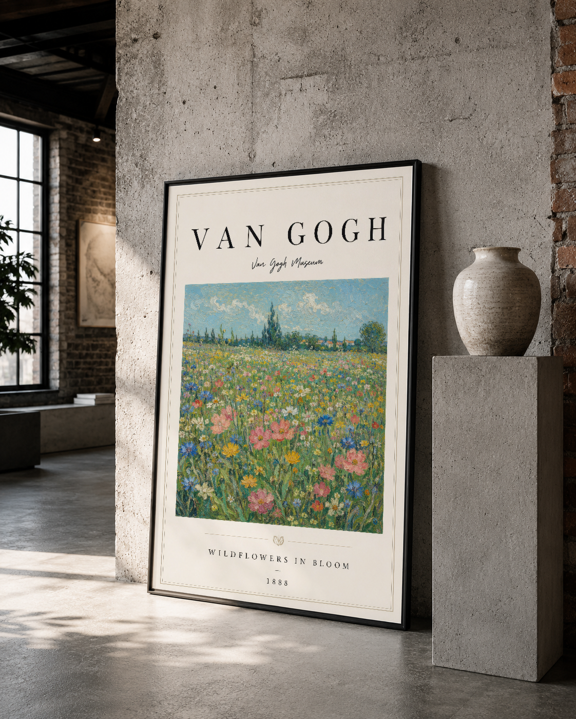 Van Gogh'un ikonik çiçek tarlası tablosu, siyah çerçevede galeri benzeri boş mekan dekorasyonunu tamamlıyor.