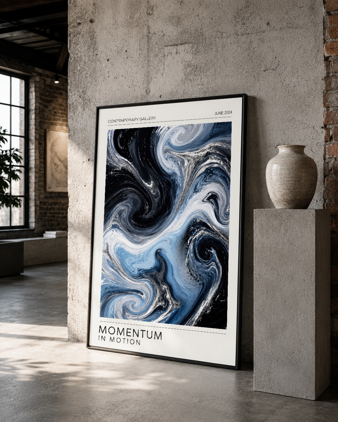 Hareketli dalgalı mavi-siyah abstract tasarımlı tablo, siyah çerçeveli, loft stilinde sunulmuş.