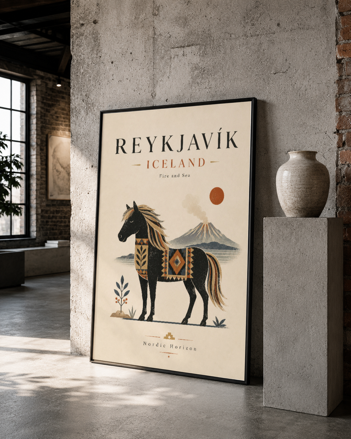 Siyah çerçeveli İzlanda Reykjavík posteri, stilize at figürü ve Nordic tasarım öğeleriyle.