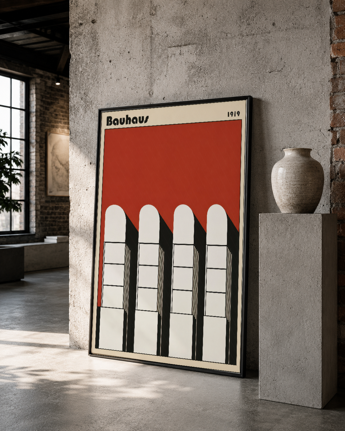 1919 Bauhaus mimari illüstrasyonu, loft stilinde çerçeveli tablo, siyah çerçeveli tasarım.
