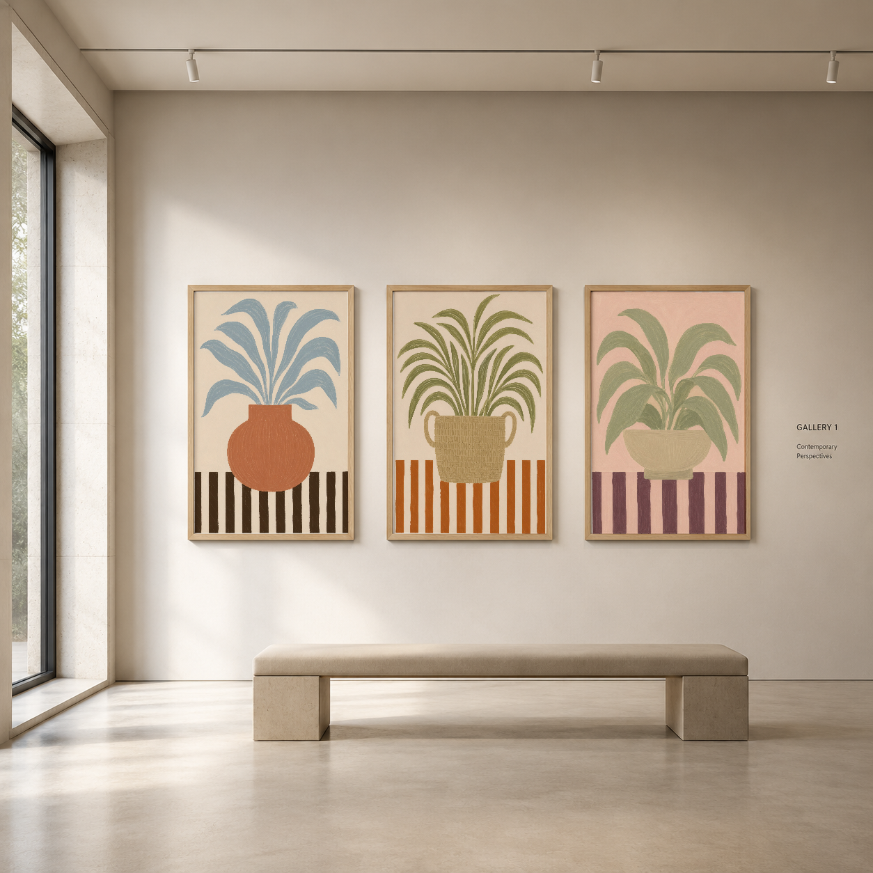 Soyut botanik tema üç panel tablo seti, art deco stilindeki geometrik tasarım ve canlı bitki motifleriyle galerideki duvarı