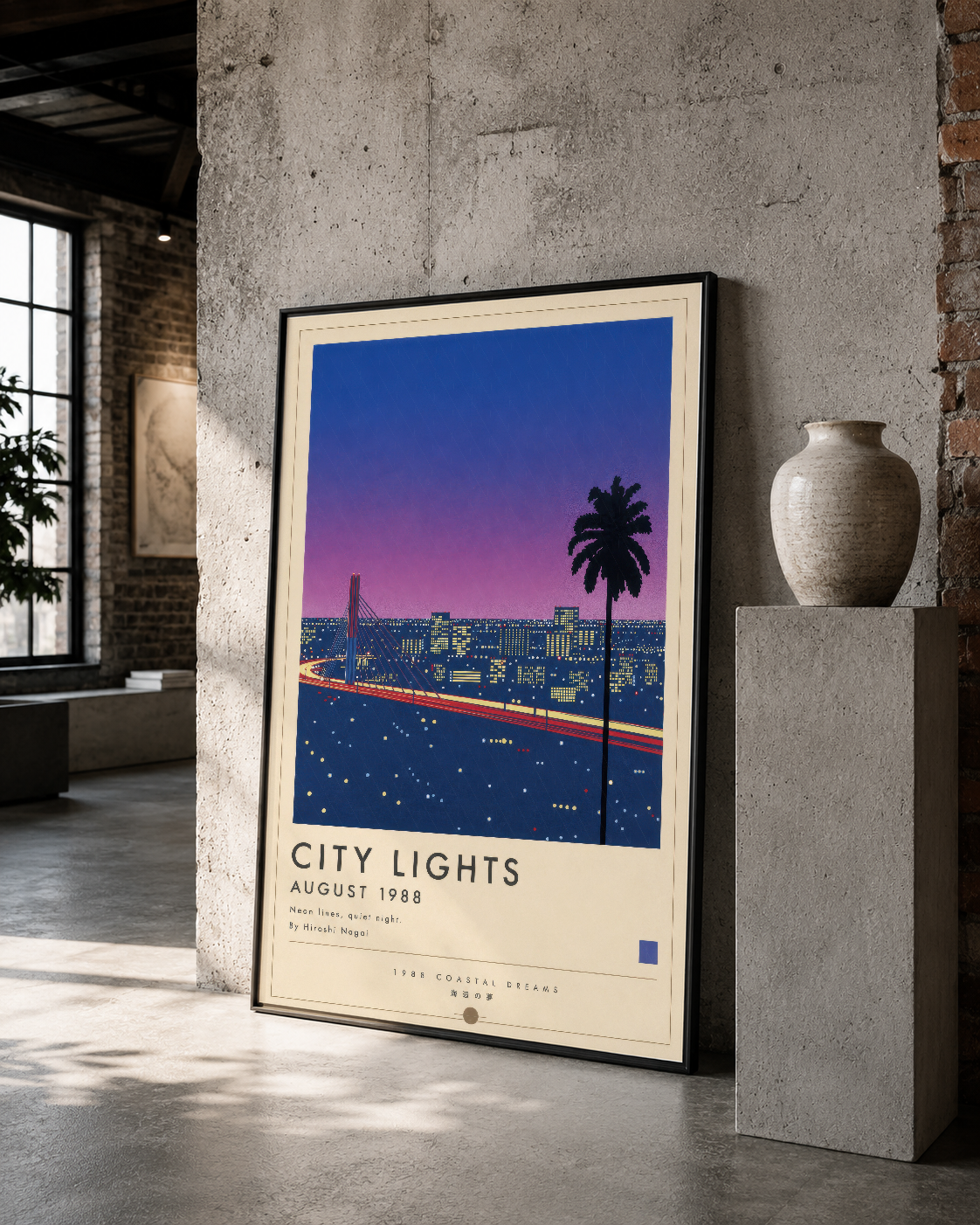 City Lights poster, siyah çerçeveli, çimento duvar ve dekoratif seramik vazo ile loft stilinde sergilenmiş.