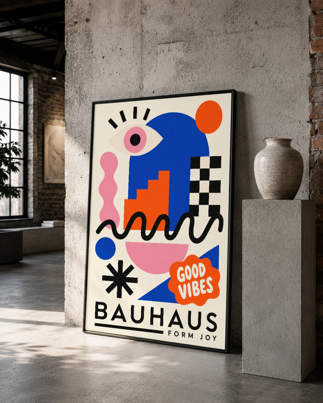 Cesur geometrik desenli Bauhaus tablo, loft stili mekanda sade duvar dekorası olarak.