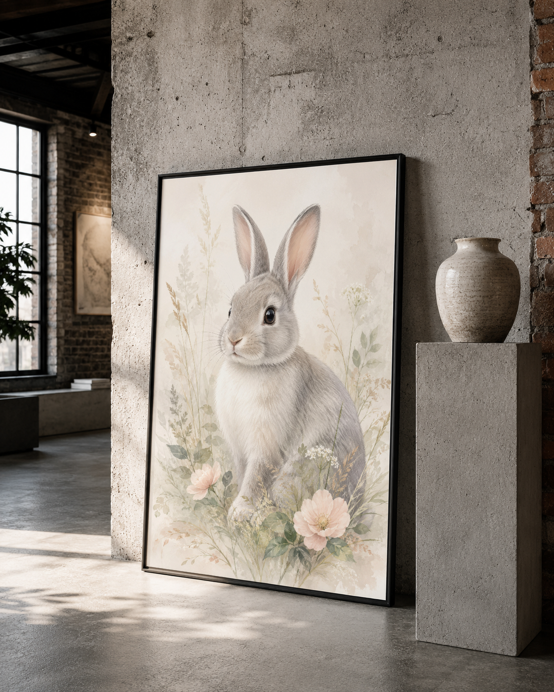 Siyah çerçeveli, minimalist endüstriyel ortamda sergilenen tavşan portresi poster.