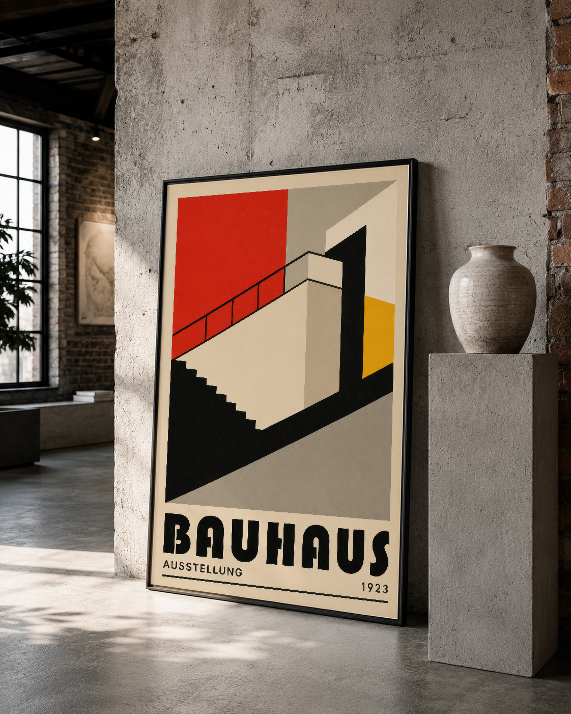 Çerçeveli Bauhaus tablosu; siyah metal çerçevede, 1923 tarihli orijinal çalışmanın cesur renk ve geometrik şekilleriyle