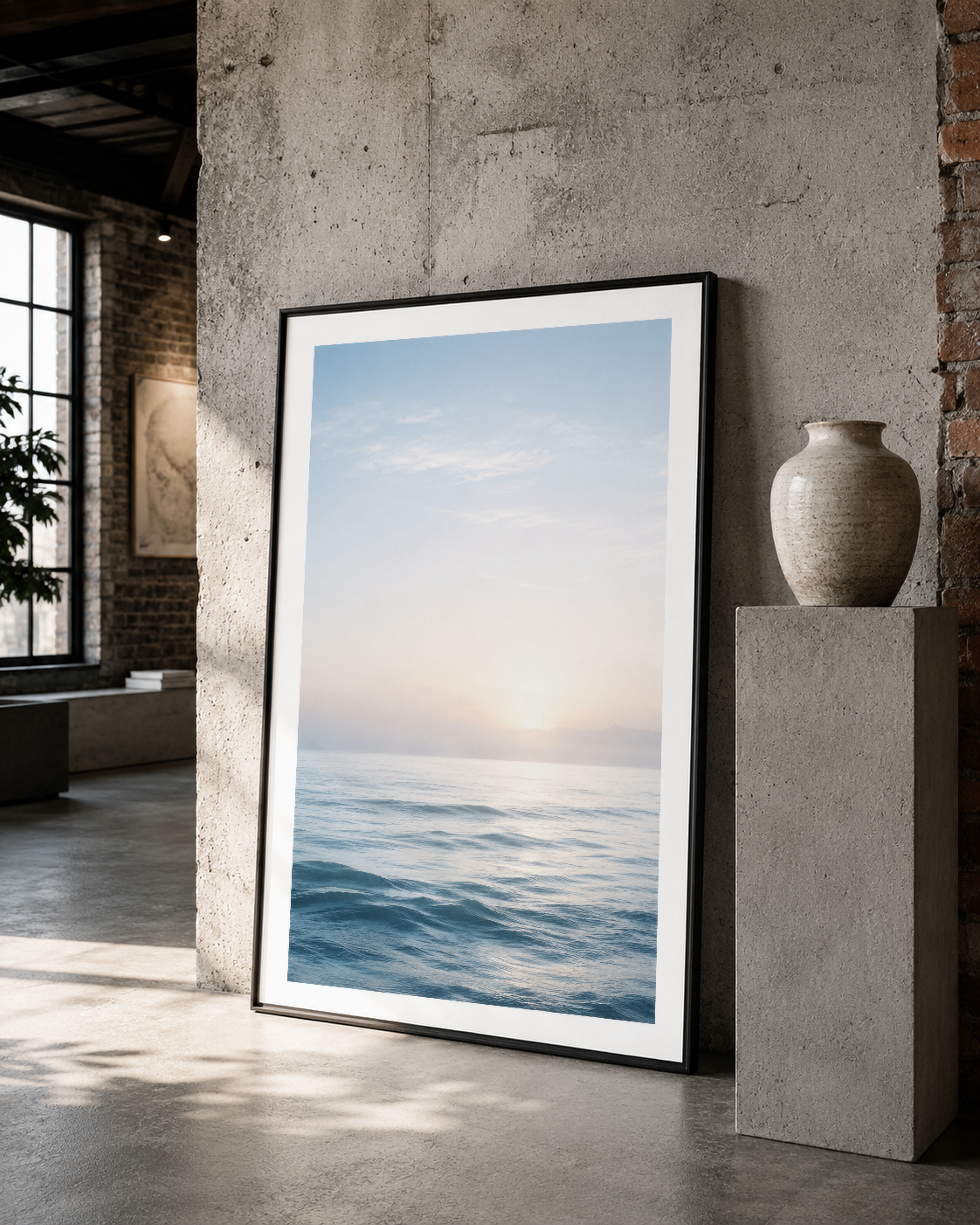 Horizon çizgisine sahip deniz tablosu, siyah çerçevede, çağdaş galeri mekanında minimal şıklıkla sergileniyor.
