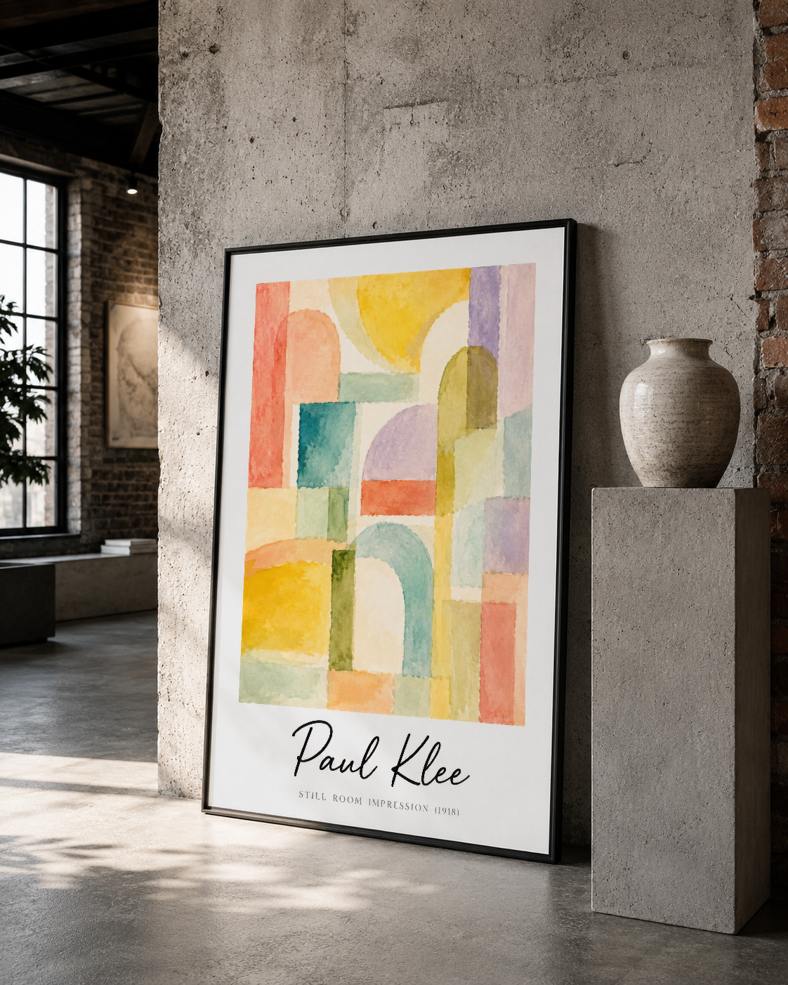 Paul Klee tasarımlı çerçeveli poster, sarı, turuncu ve yeşil tonlarında geometrik kolaj.