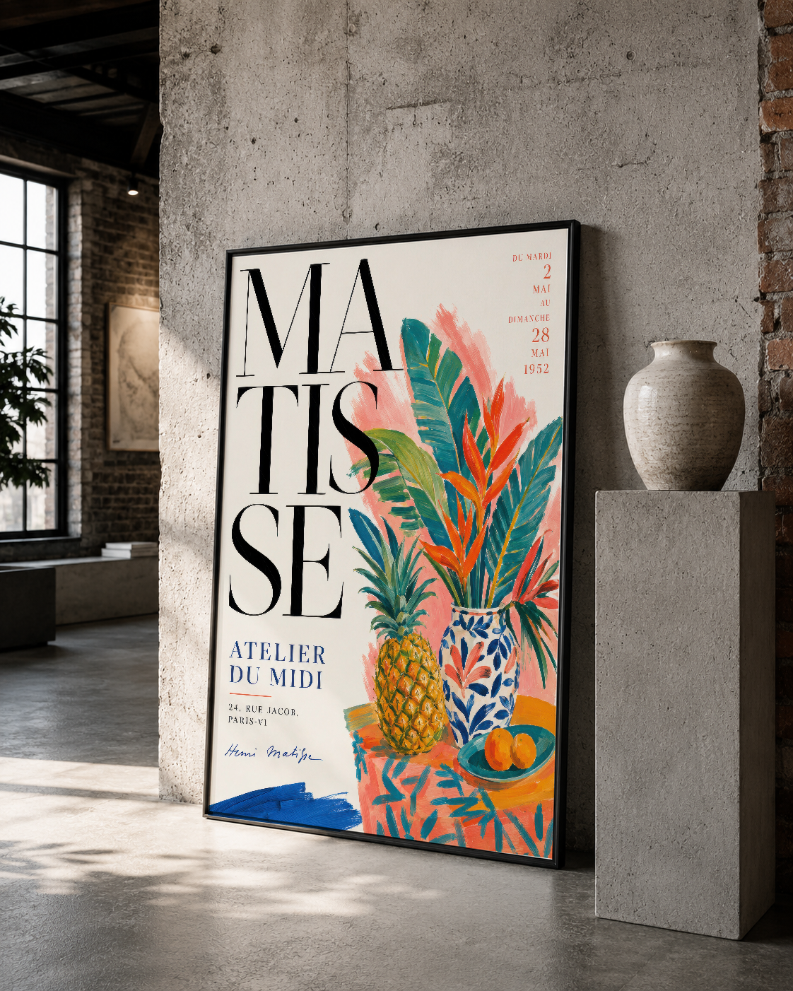 Matisse Atelier du Midi baskısı, siyah çerçeveli, yaratıcı mimeari ve sanat koleksiyonuyla sunuluyor.