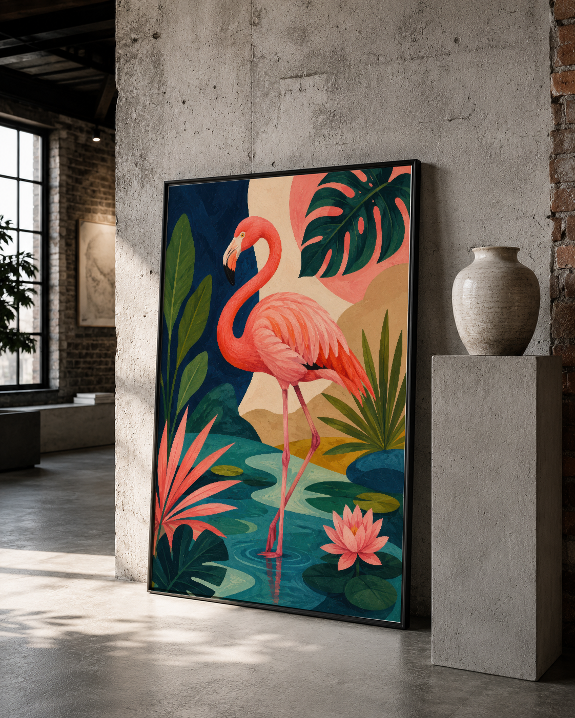 Tropikal stil flamingo tablosu, siyah çerçeveli ve betonlu minimalist mekan tasarımında sanatsal bir vurgu oluşturuyor.
