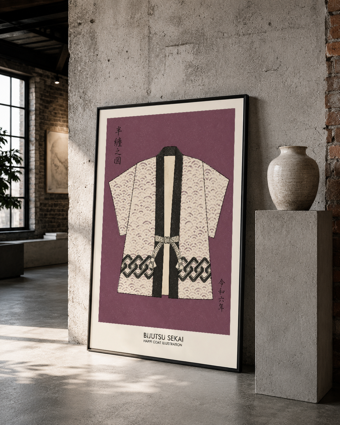 Siyah çerçeveli vintage Japon tekstil tasarımı betonlaştırılmış mekan ve seramik vazo ile sergilenmiş.