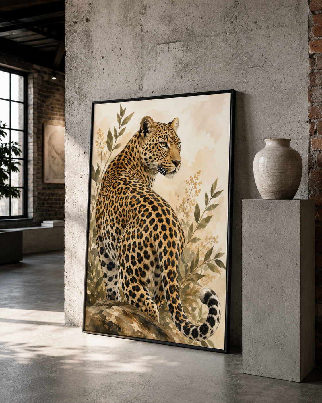 Savannaların hükümdarı leopar, siyah çerçevede, krem rengi yapraklarla tamamlanan sanat tablosu.