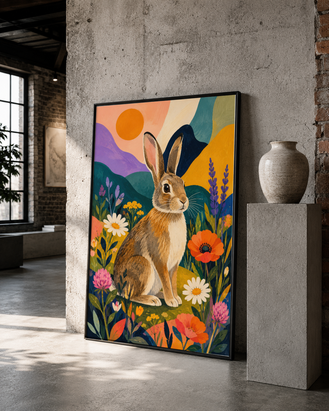 Parlak renklerle tasarlanmış sevimli tavşan deseni, çok renkli çiçek dekoratif duvar sanat tablosudur.