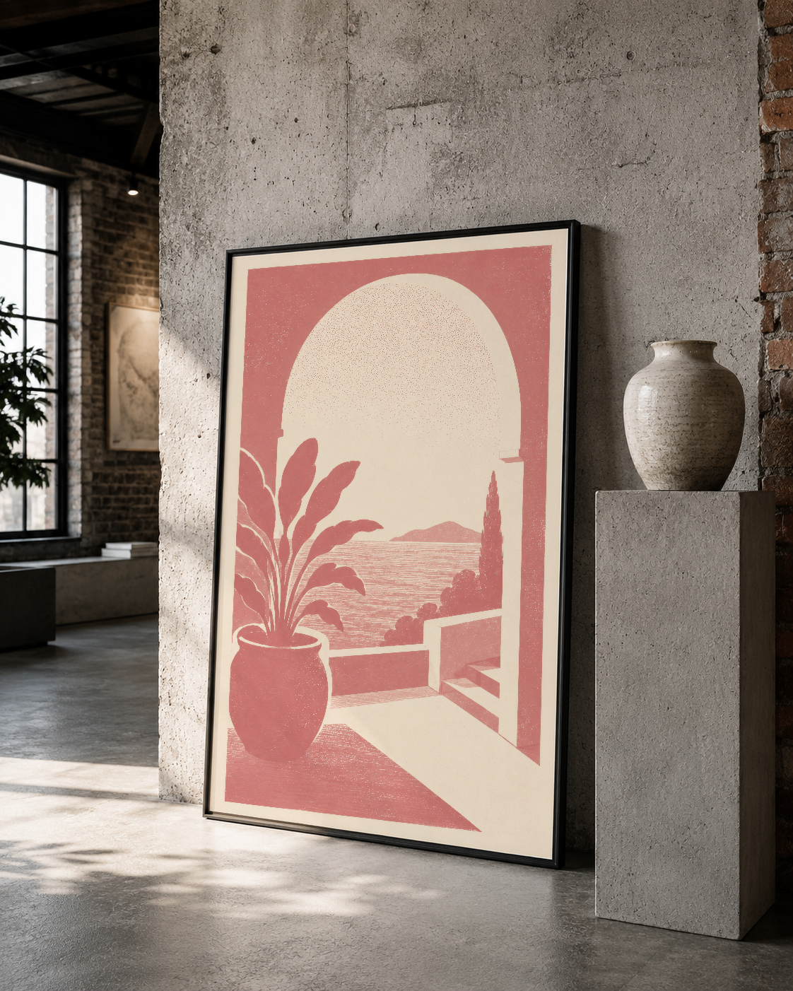 Siyah çerçeveli duvar sanatı, vintage pembe ve krem renkleriyle manzara teması, tekstürlü beton duvar üzerinde modern sanat