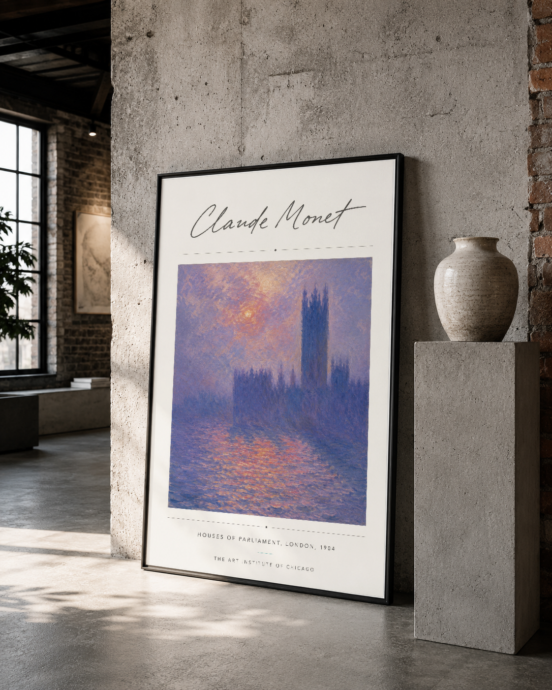 Siyah çerçeveli Monet Parlamentosu tablosu, iplikli atmosferiyle aydınlı loft dekorasyonunda.