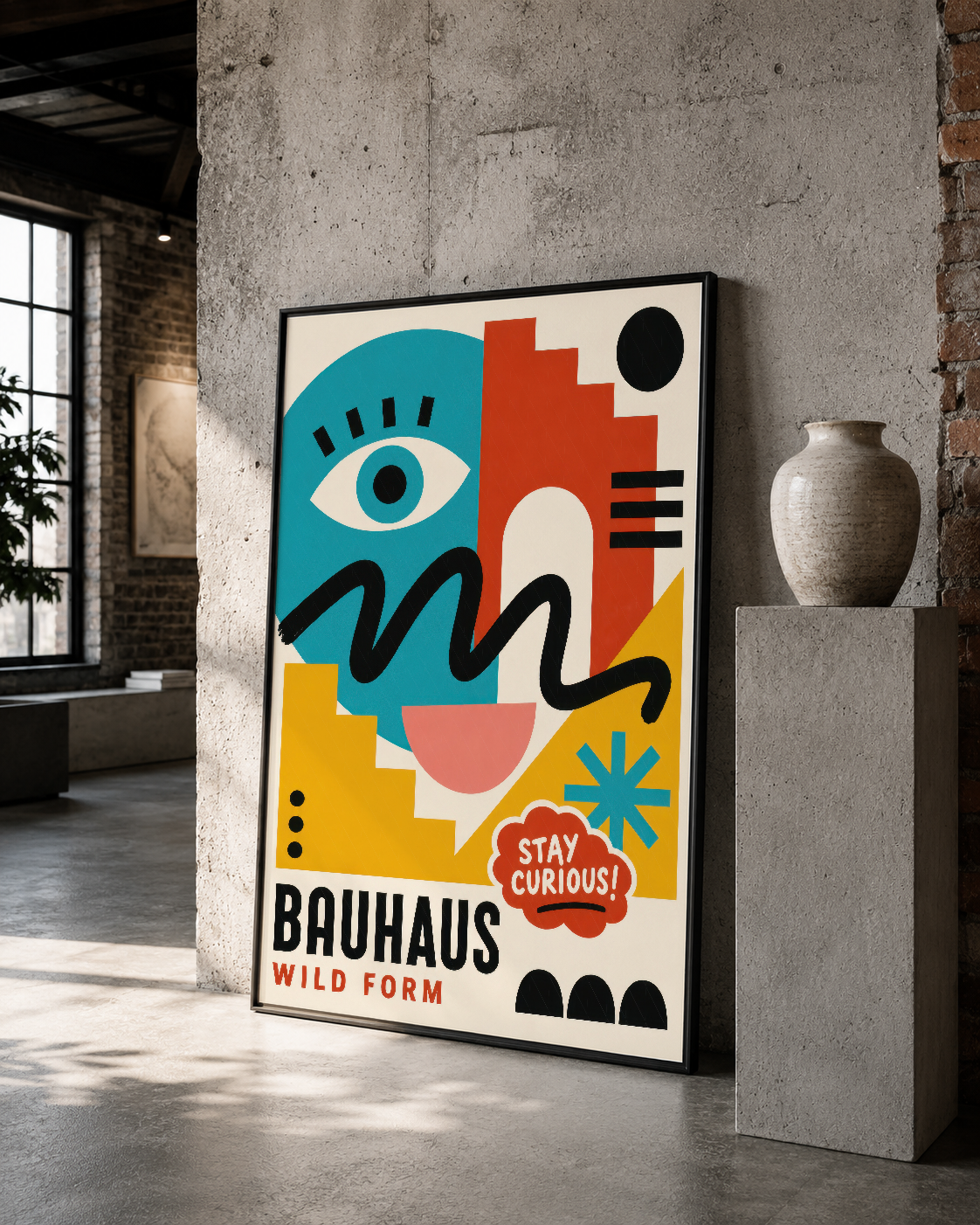 Siyah çerçeveli, mavi, kırmızı ve sarı tonlardaki soyut yüz motifli contemporary poster.