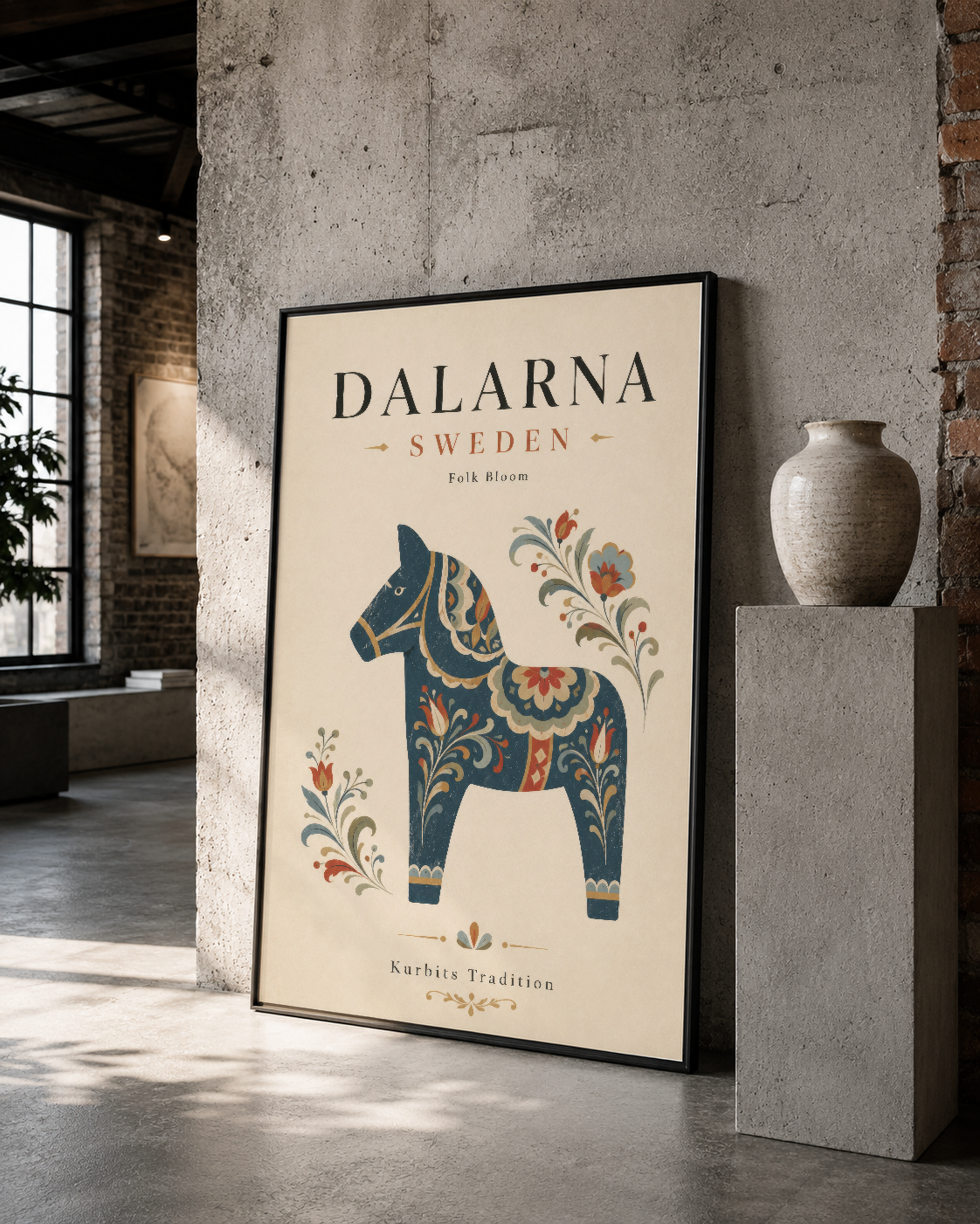 Siyah çerçeveli Dalarna at posteri, folk sanatı stilinde, minimalist iç tasarıma uygun.